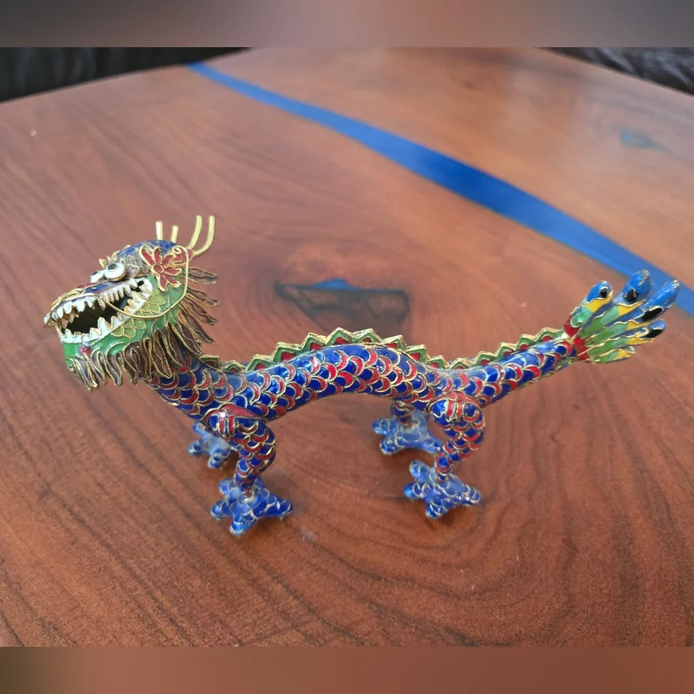Decorative Blue and Red Cloisonné Dragon Figurine for Reptile Display